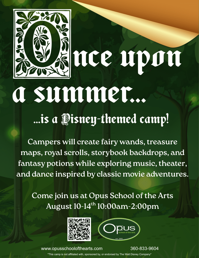is a Disney-themed camp! Campers will create fairy wands, treasure maps, royal scrolls, storybook backdrops, and fantasy potions while exploring music, theater, and dance inspired by classic movie